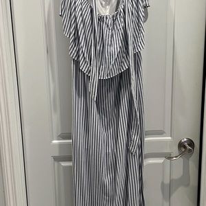 Blue and white strapless maxi dress